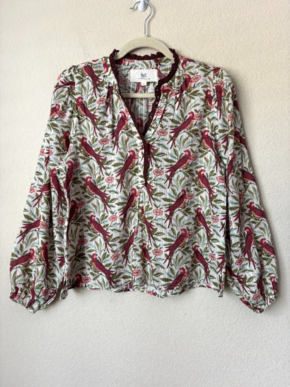 Printfresh On The Books Blouse - Birdsong Latte Foam Scallop Trim